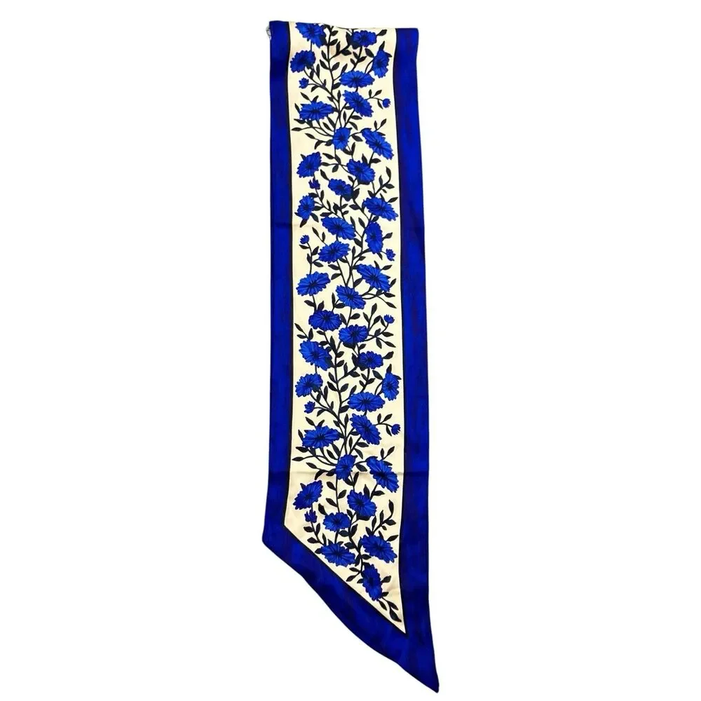 J Crew Scarf Womens Blue Cream Floral 100% Silk Skinny Twilly Printed BS227